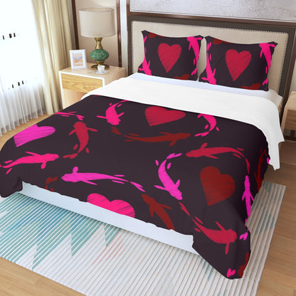 Three Piece Duvet Bedding Set Hearts and Fish