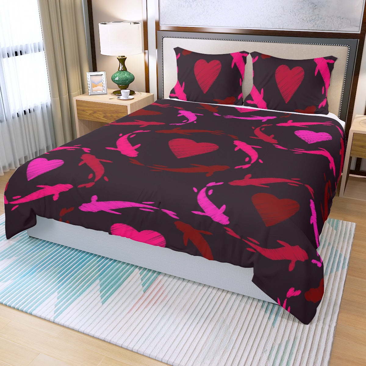 Three Piece Duvet Bedding Set Hearts and Fish