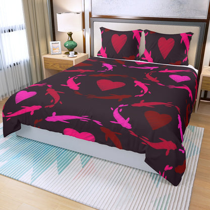 Three Piece Duvet Bedding Set Hearts and Fish