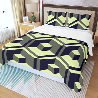 Three Piece Duvet Bedding Set Green Squares