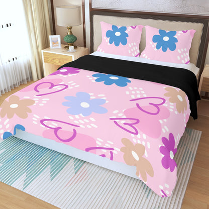 Three Piece Duvet Bedding Set Pink hearts and Flowers