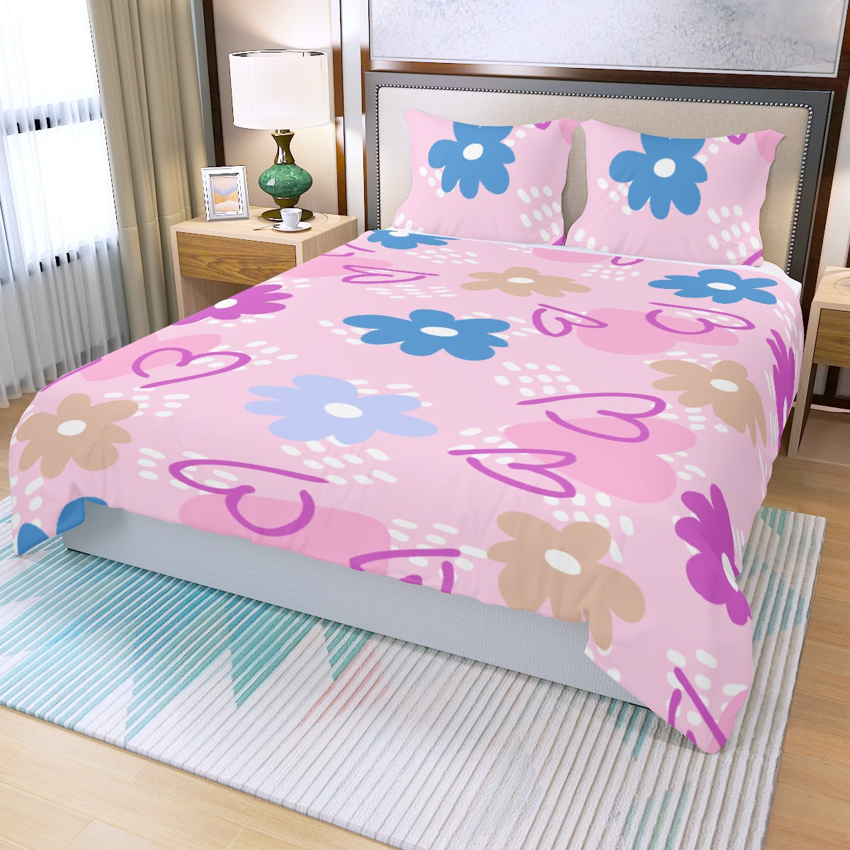 Three Piece Duvet Bedding Set Pink hearts and Flowers