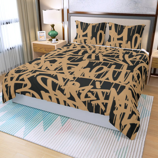 Three Piece Duvet Bedding Set Black with Gold Letters