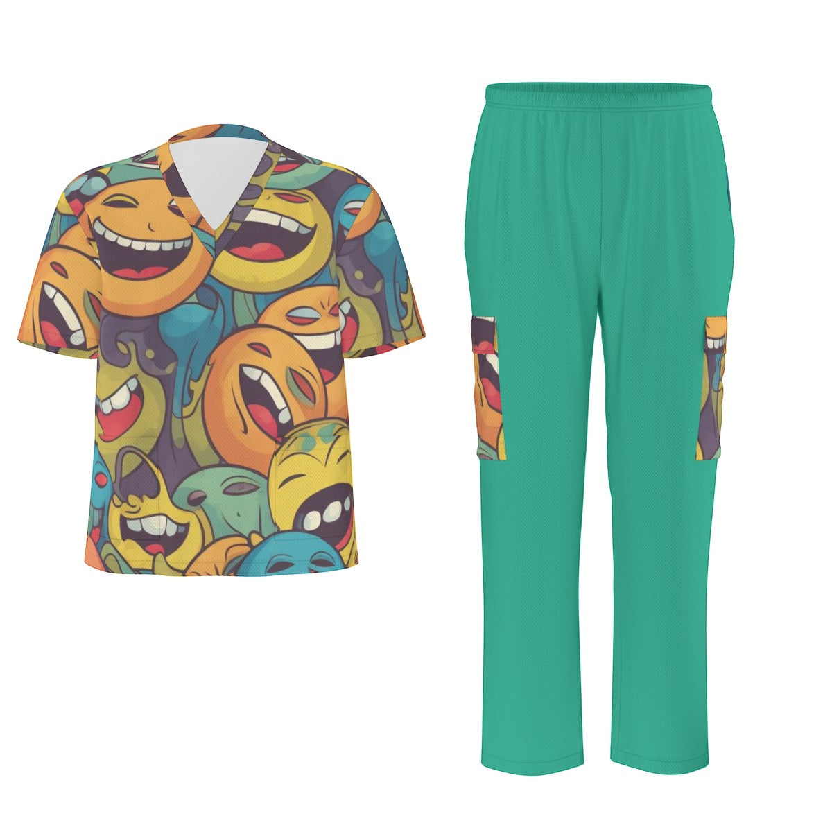 Unisex Scrub Set Birdseye Teal and Faces