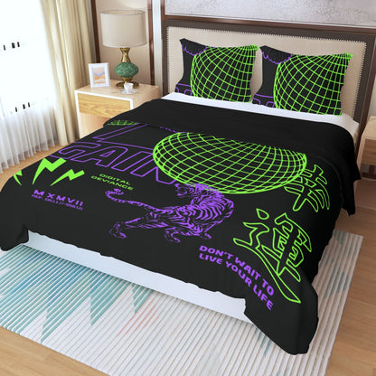 Three Piece Duvet Bedding Set Green and Purple