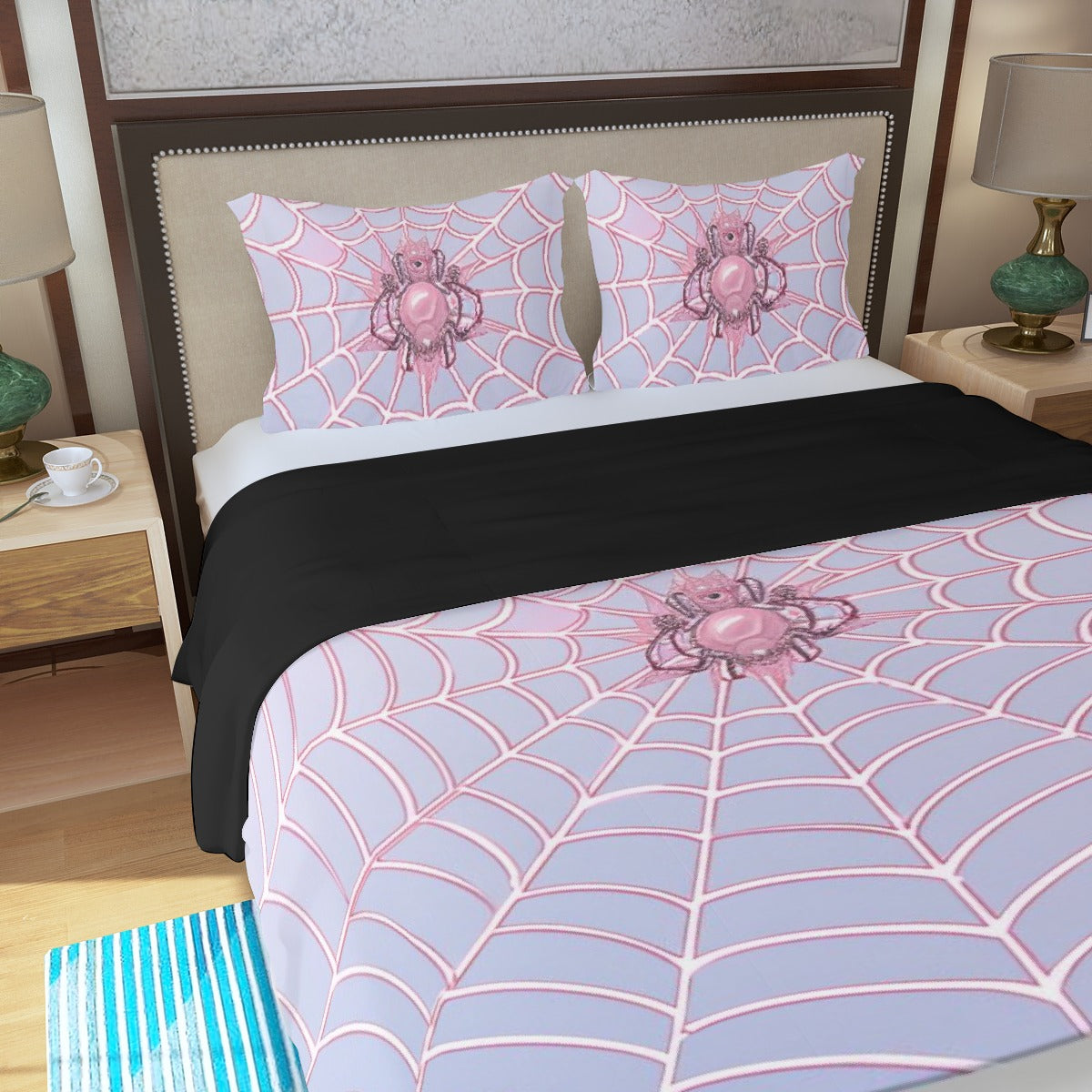 Three Piece Duvet Bedding Set Pink Spider