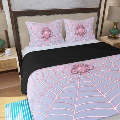 Three Piece Duvet Bedding Set Pink Spider