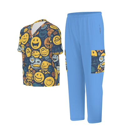 Unisex Scrub Set Birdseye Blue and Faces