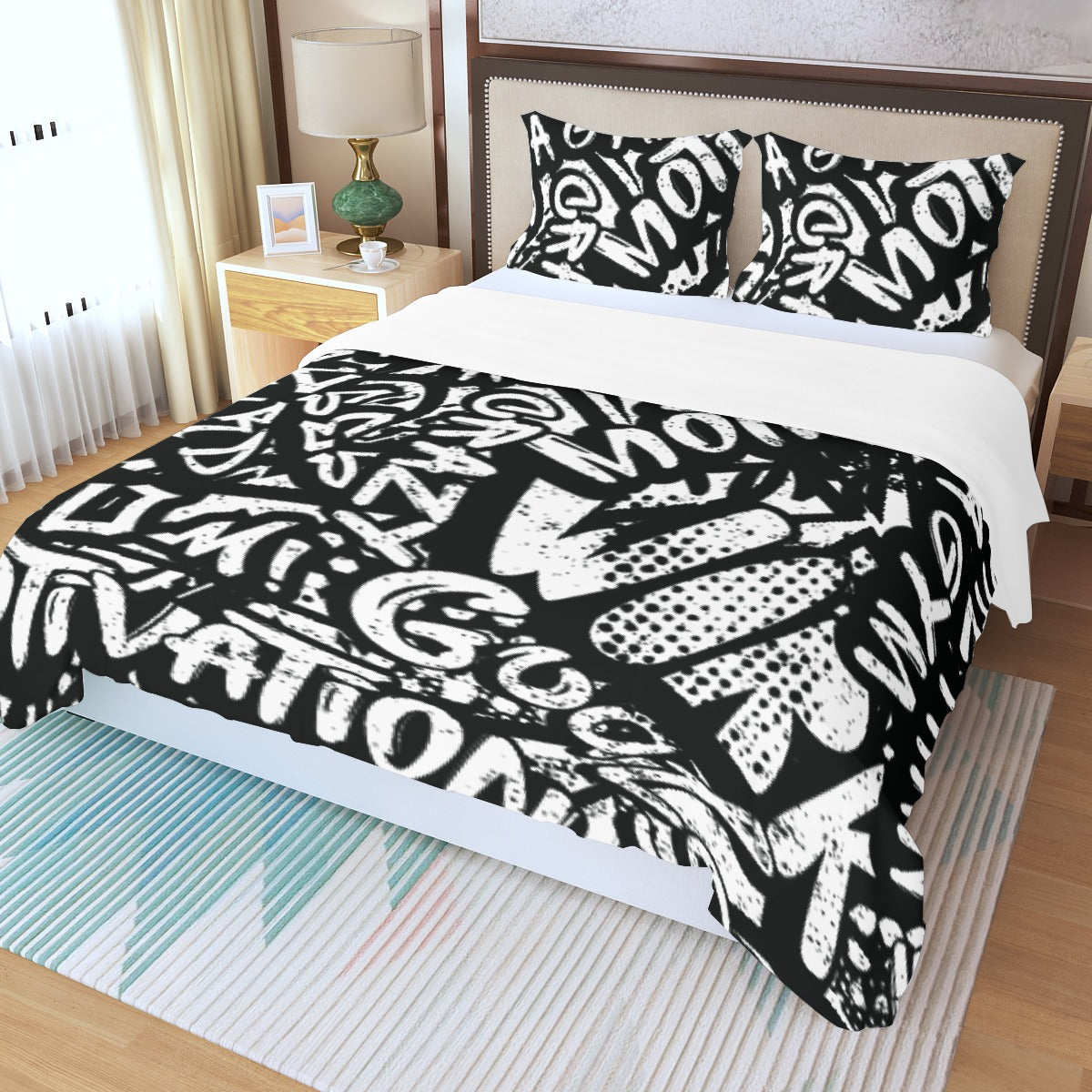 Three Piece Duvet Bedding Set Black and White Words