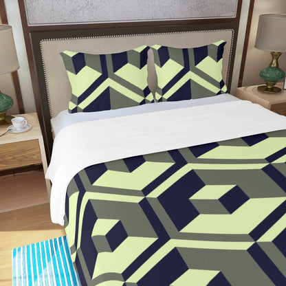 Three Piece Duvet Bedding Set Green Squares