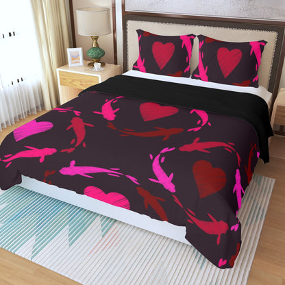 Three Piece Duvet Bedding Set Hearts and Fish