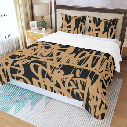 Three Piece Duvet Bedding Set Black with Gold Letters