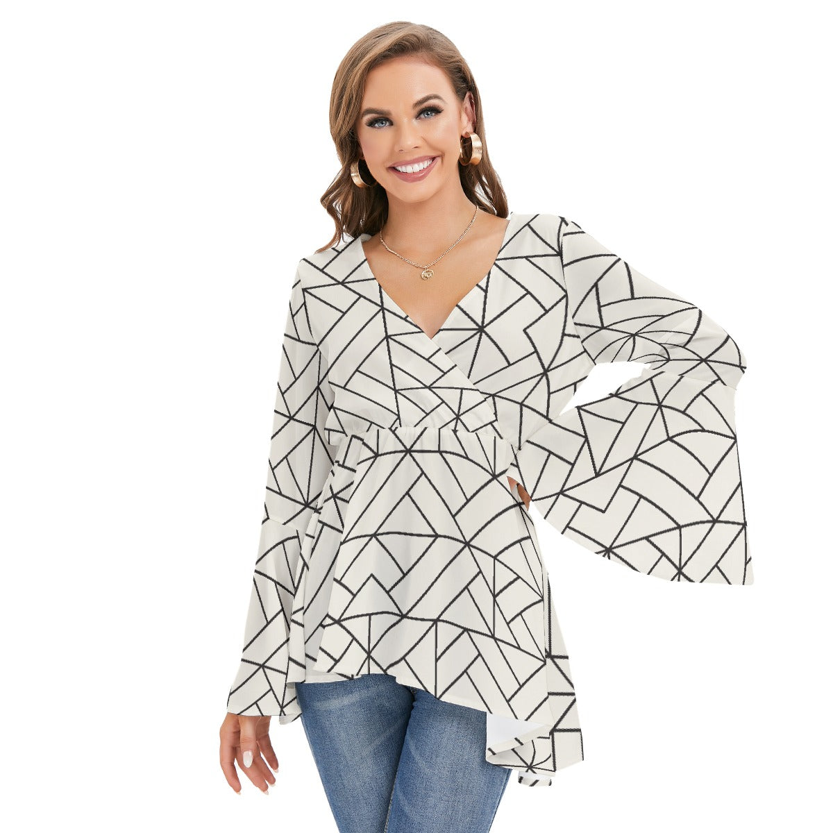 Women's V-neck Blouse With Flared Sleeves