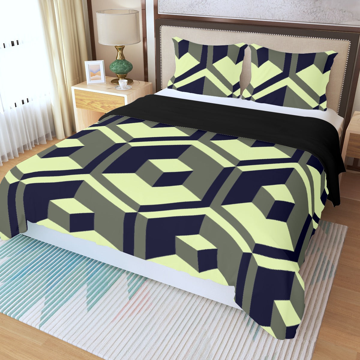 Three Piece Duvet Bedding Set Green Squares