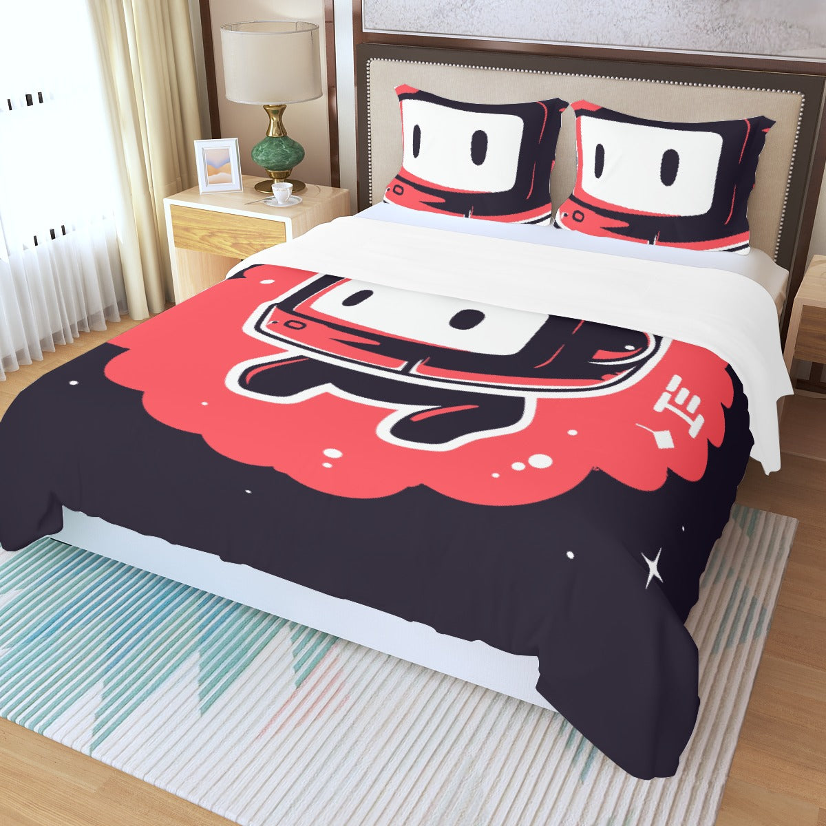 Three Piece Duvet Bedding Set Red Robot