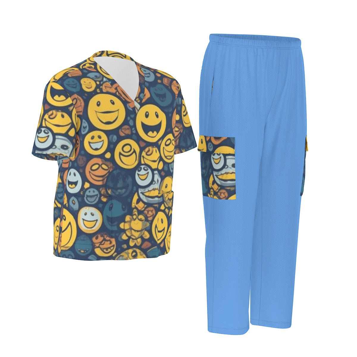 Unisex Scrub Set Birdseye Blue and Faces