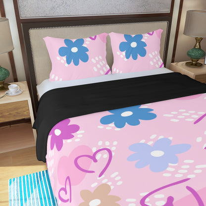 Three Piece Duvet Bedding Set Pink hearts and Flowers