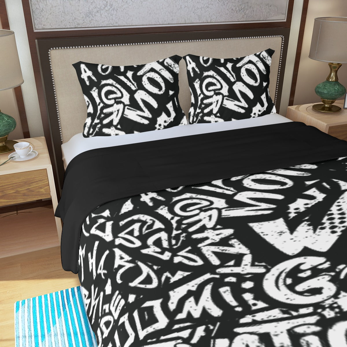 Three Piece Duvet Bedding Set Black and White Words