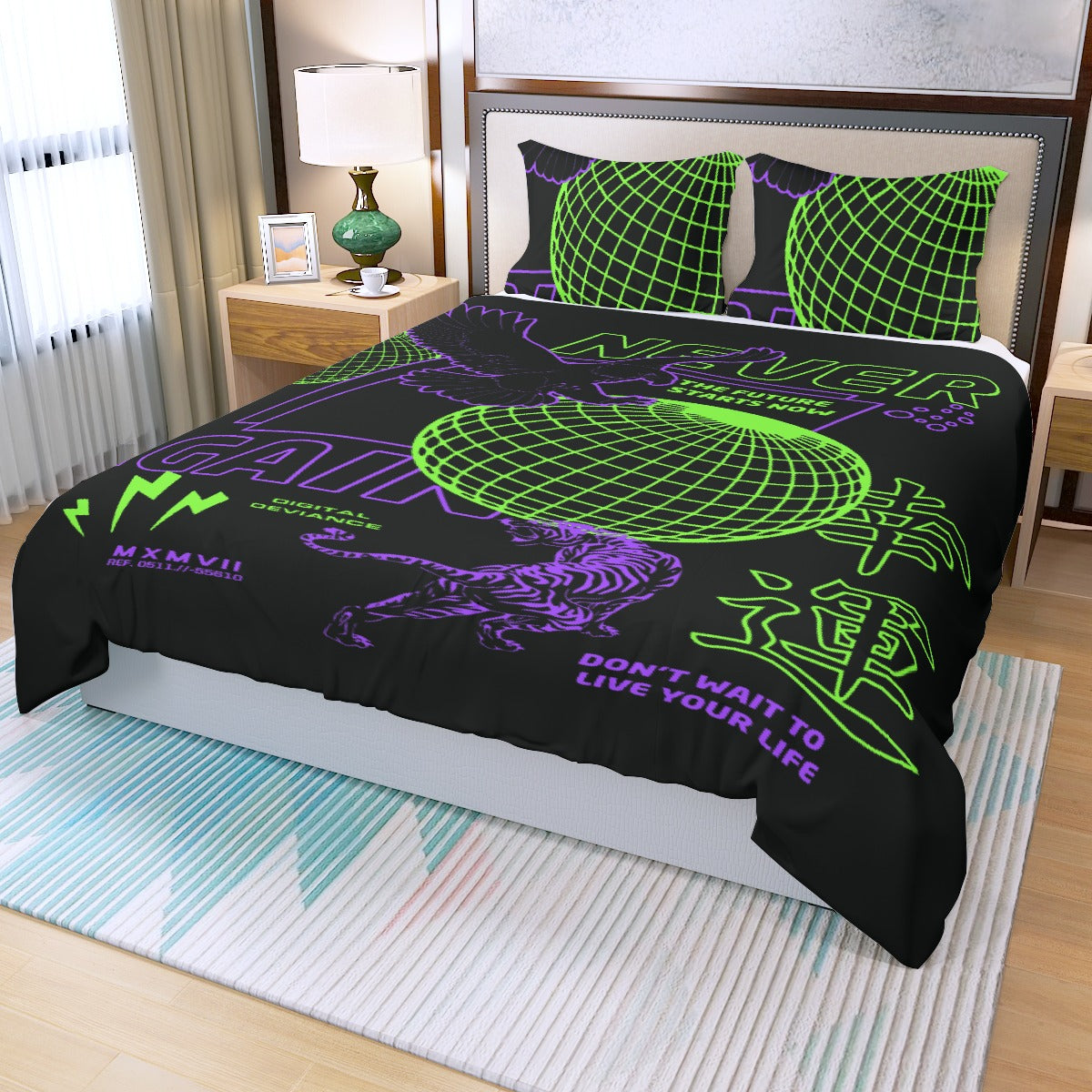 Three Piece Duvet Bedding Set Green and Purple