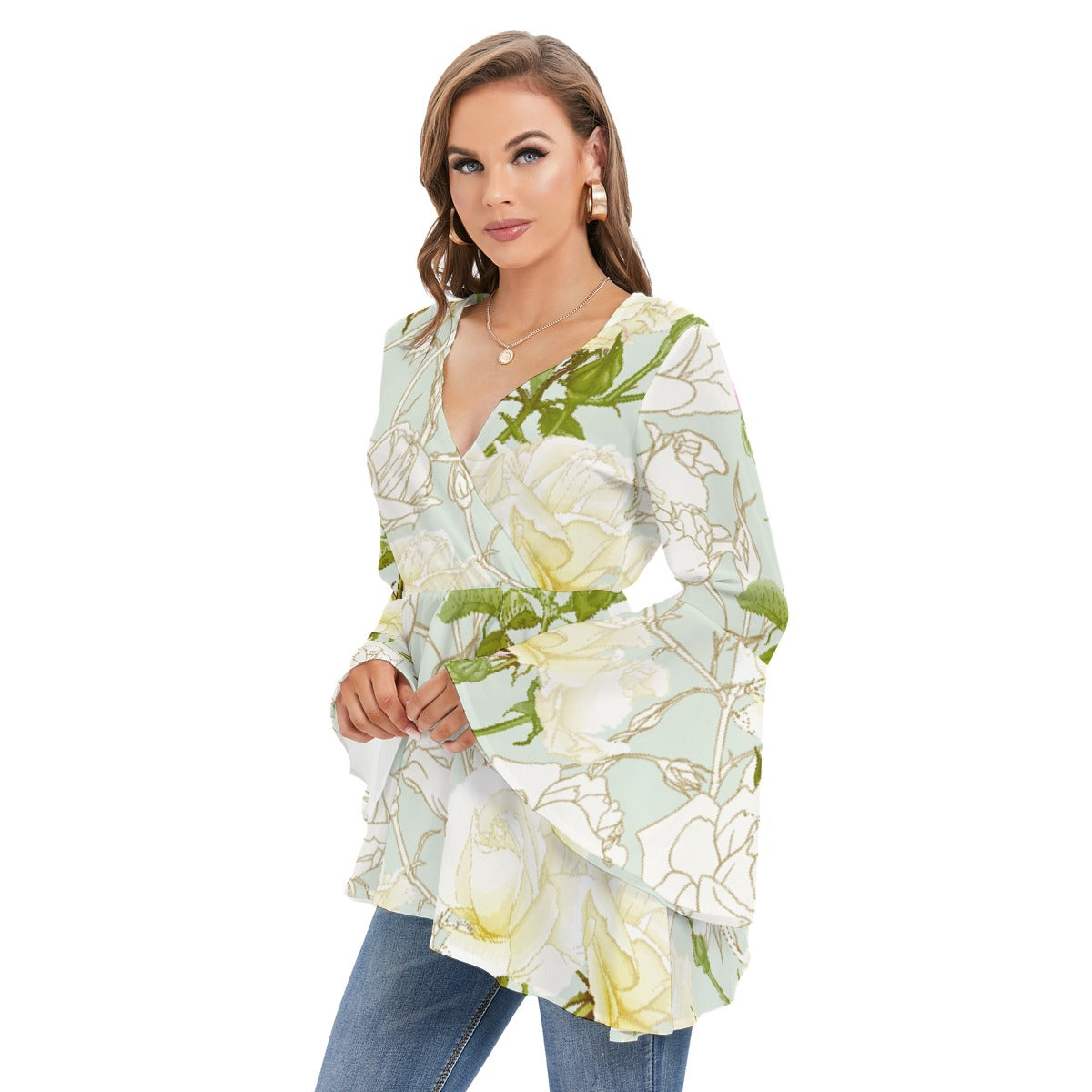 Women's V-neck Blouse With Flared Sleeves