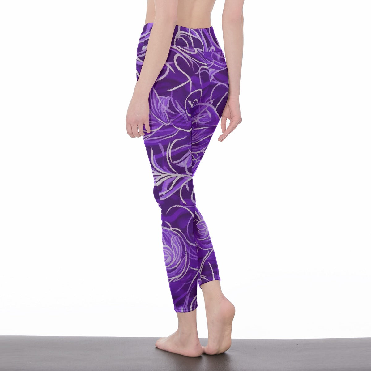 Women's High Waist Leggings | Side Stitch Closure "Purple Flowers"