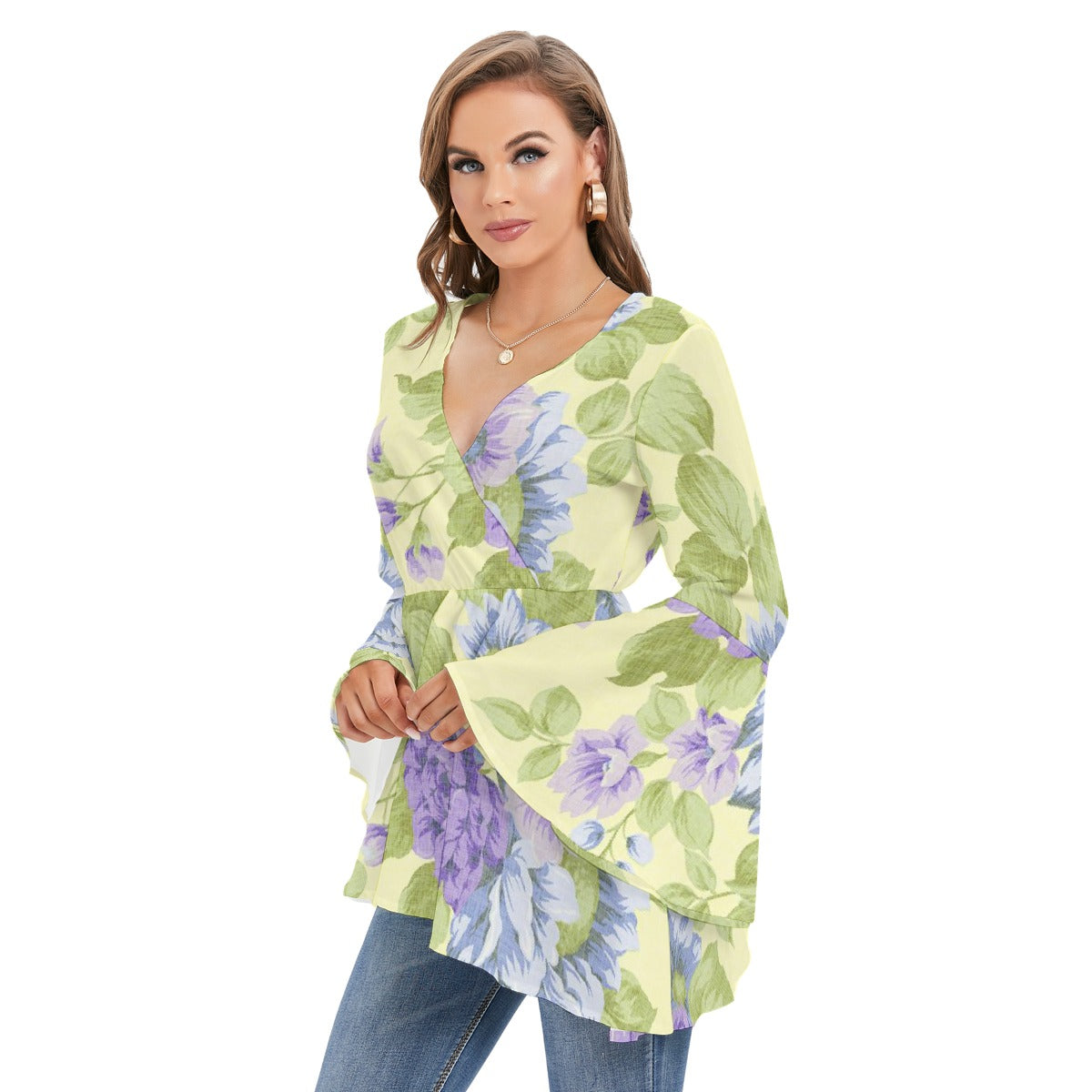 Women's V-neck Blouse With Flared Sleeves