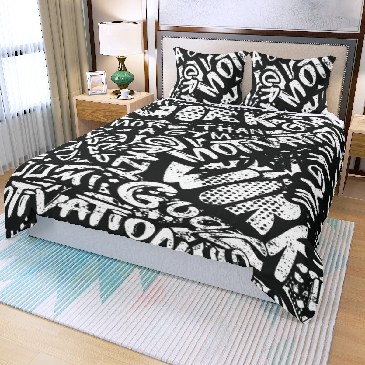 Three Piece Duvet Bedding Set Black and White Words