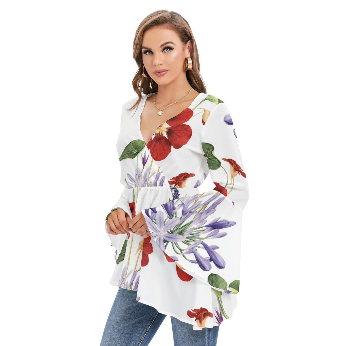 Women's V-neck Blouse With Flared Sleeves