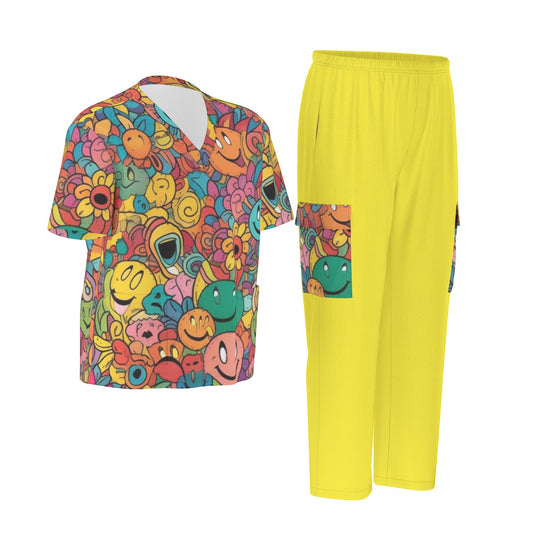 Unisex Scrub Set Birdseye Yellow and Faces