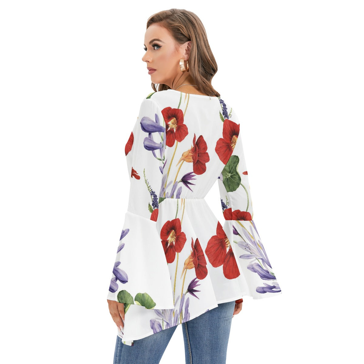 Women's V-neck Blouse With Flared Sleeves