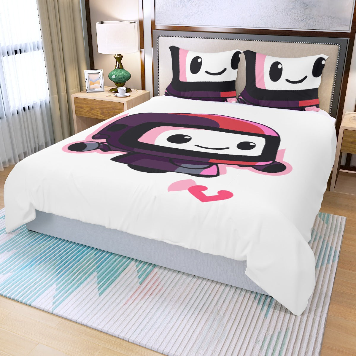 Three Piece Duvet Bedding Set Pink Robot