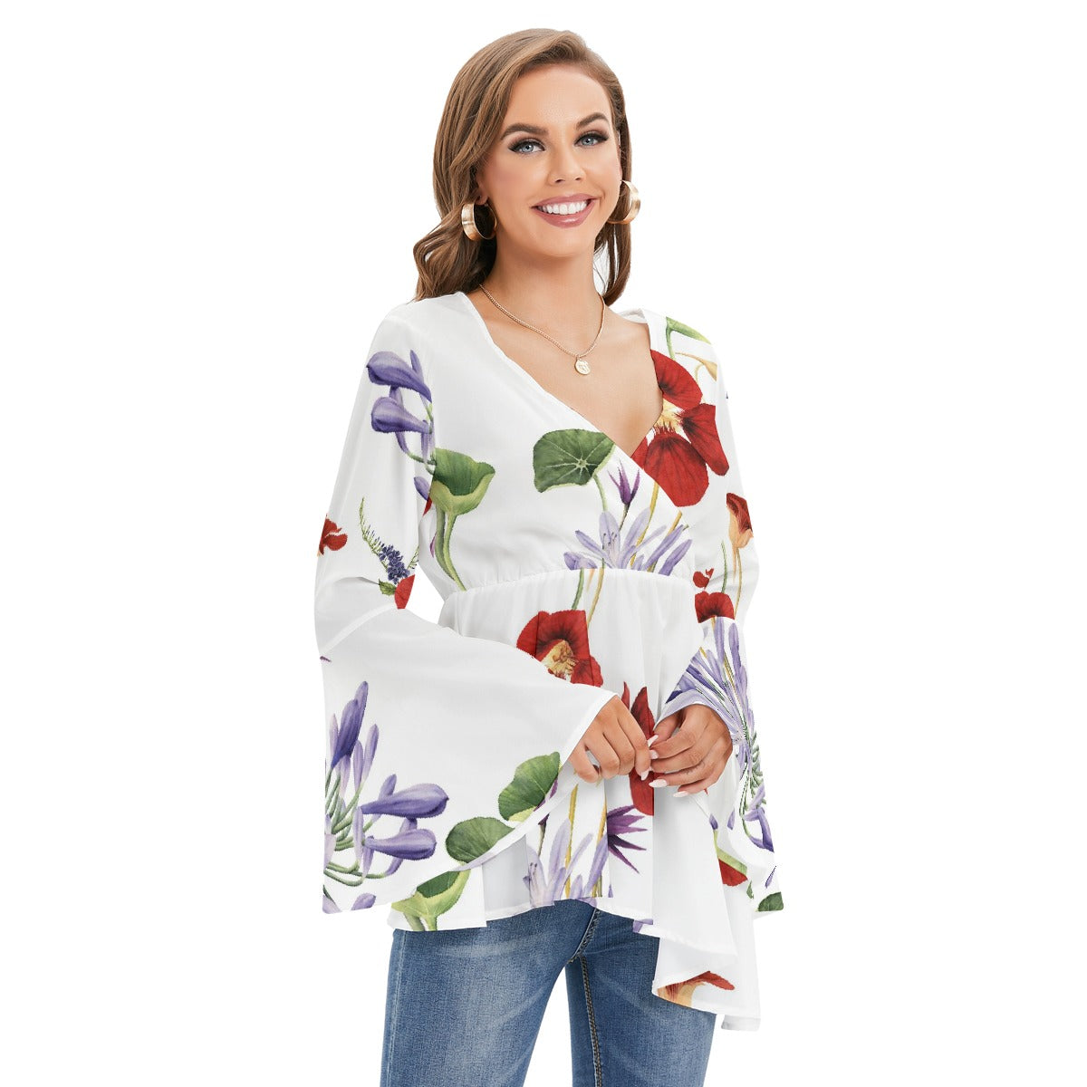 Women's V-neck Blouse With Flared Sleeves