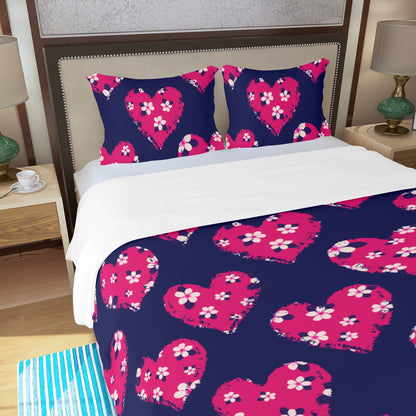 Three Piece Duvet Bedding Set Pink Hearts