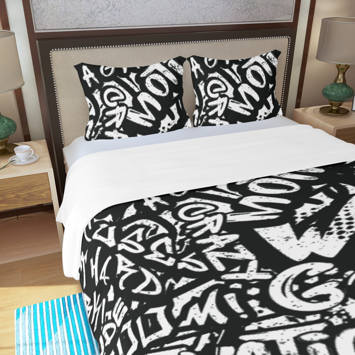 Three Piece Duvet Bedding Set Black and White Words