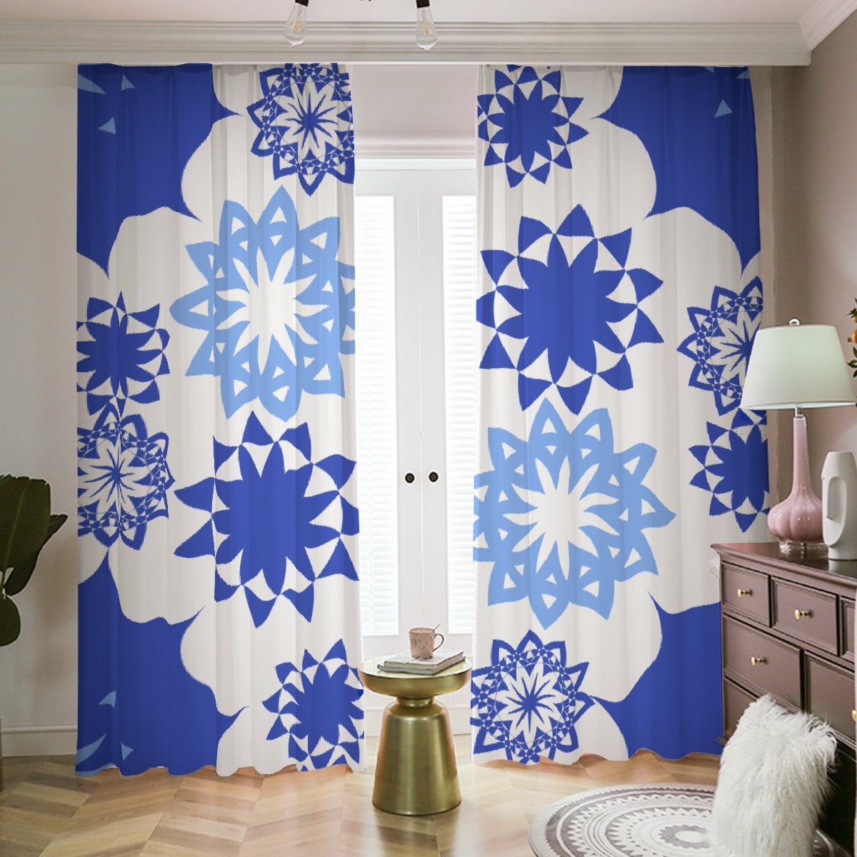 Blackout Curtains with Hooks Blue Flowers