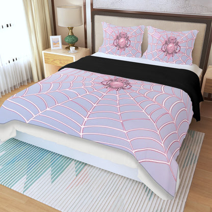 Three Piece Duvet Bedding Set Pink Spider