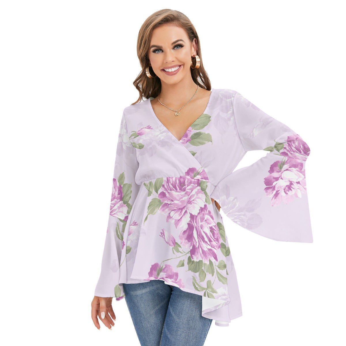 Women's V-neck Blouse With Flared Sleeves