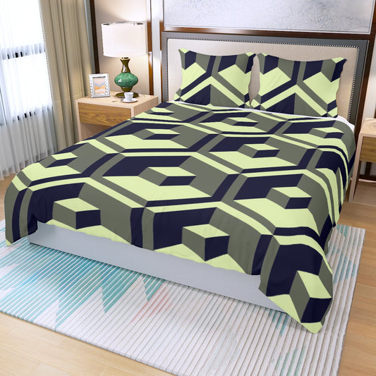 Three Piece Duvet Bedding Set Green Squares