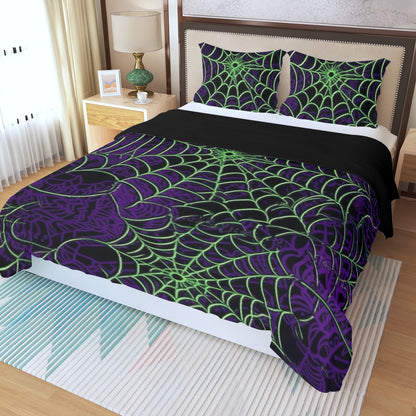 Three Piece Duvet Bedding Set Purple and Green Web