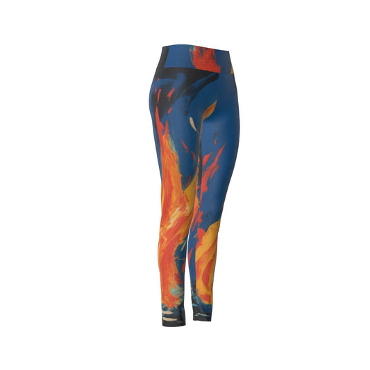 Women's High Waist Leggings | Side Stitch Closure "Fire Blue and Orange"