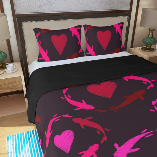 Three Piece Duvet Bedding Set Hearts and Fish