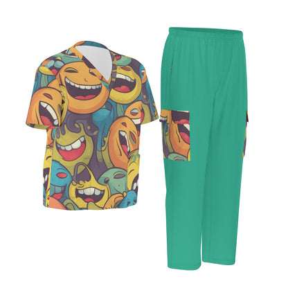 Unisex Scrub Set Birdseye Teal and Faces