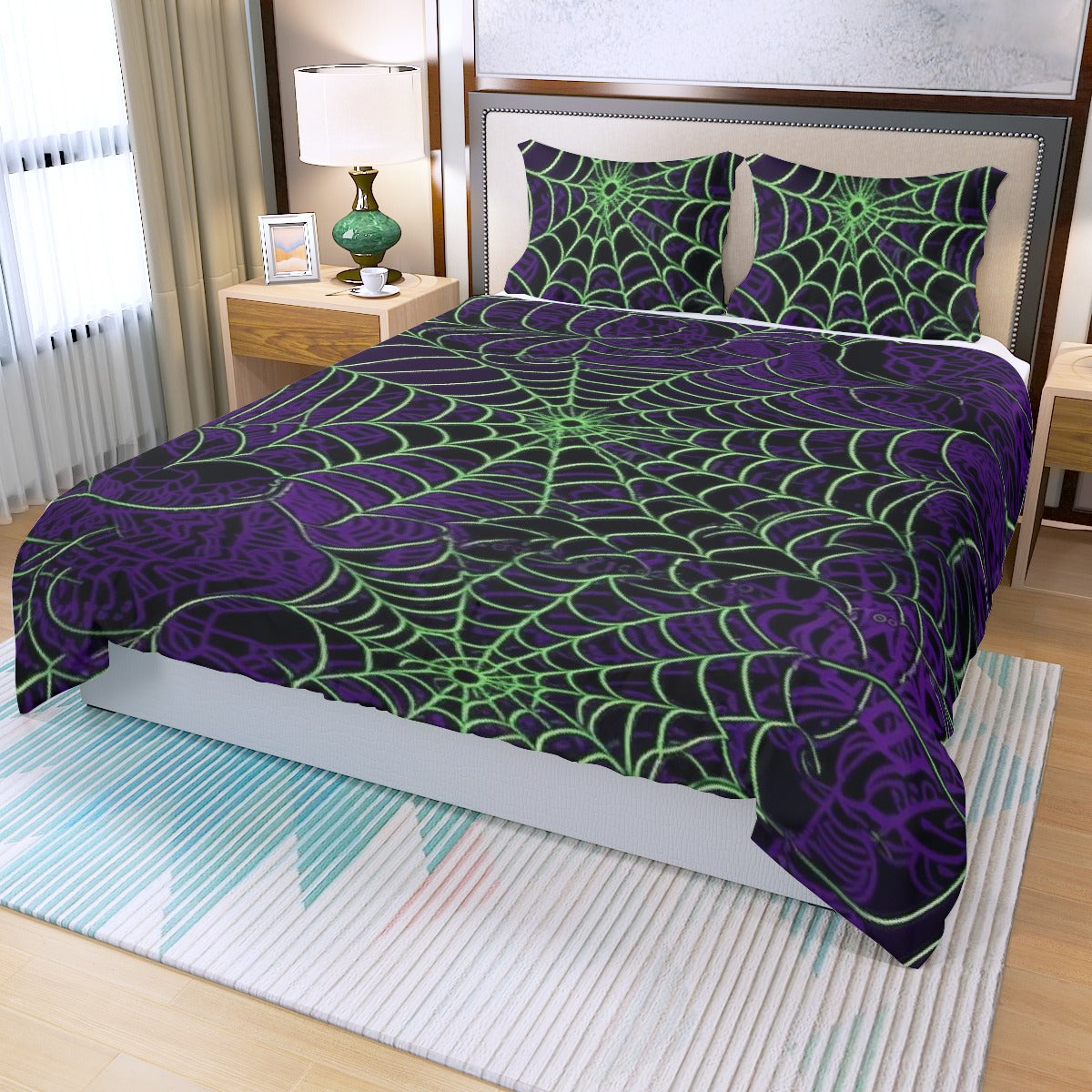 Three Piece Duvet Bedding Set Purple and Green Web