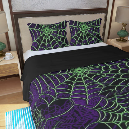 Three Piece Duvet Bedding Set Purple and Green Web