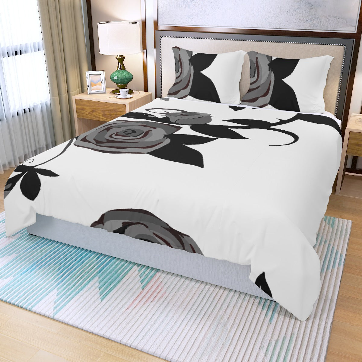 Three Piece Duvet Bedding Set Black Rose