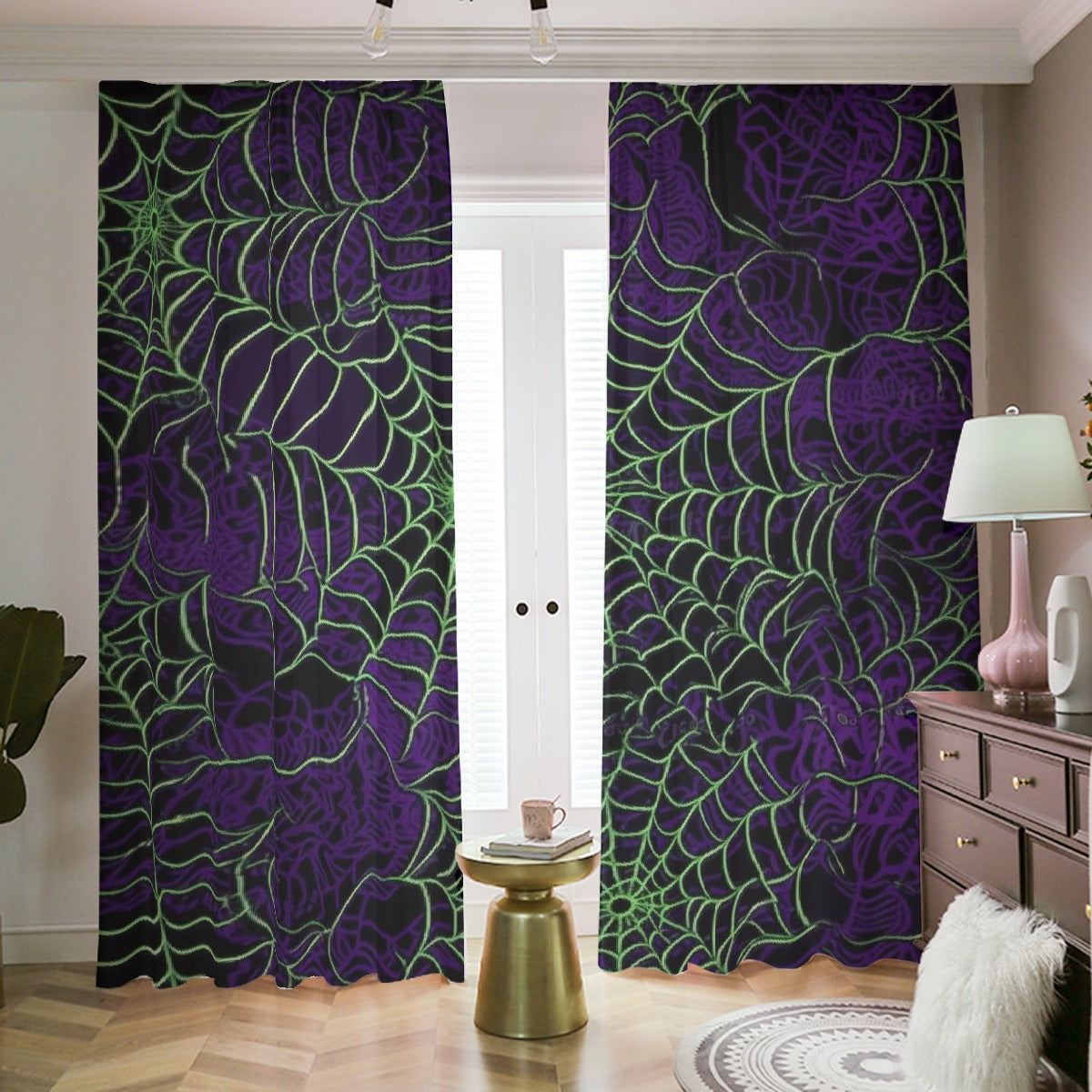 Blackout Curtains with Hooks Purple and Green Web