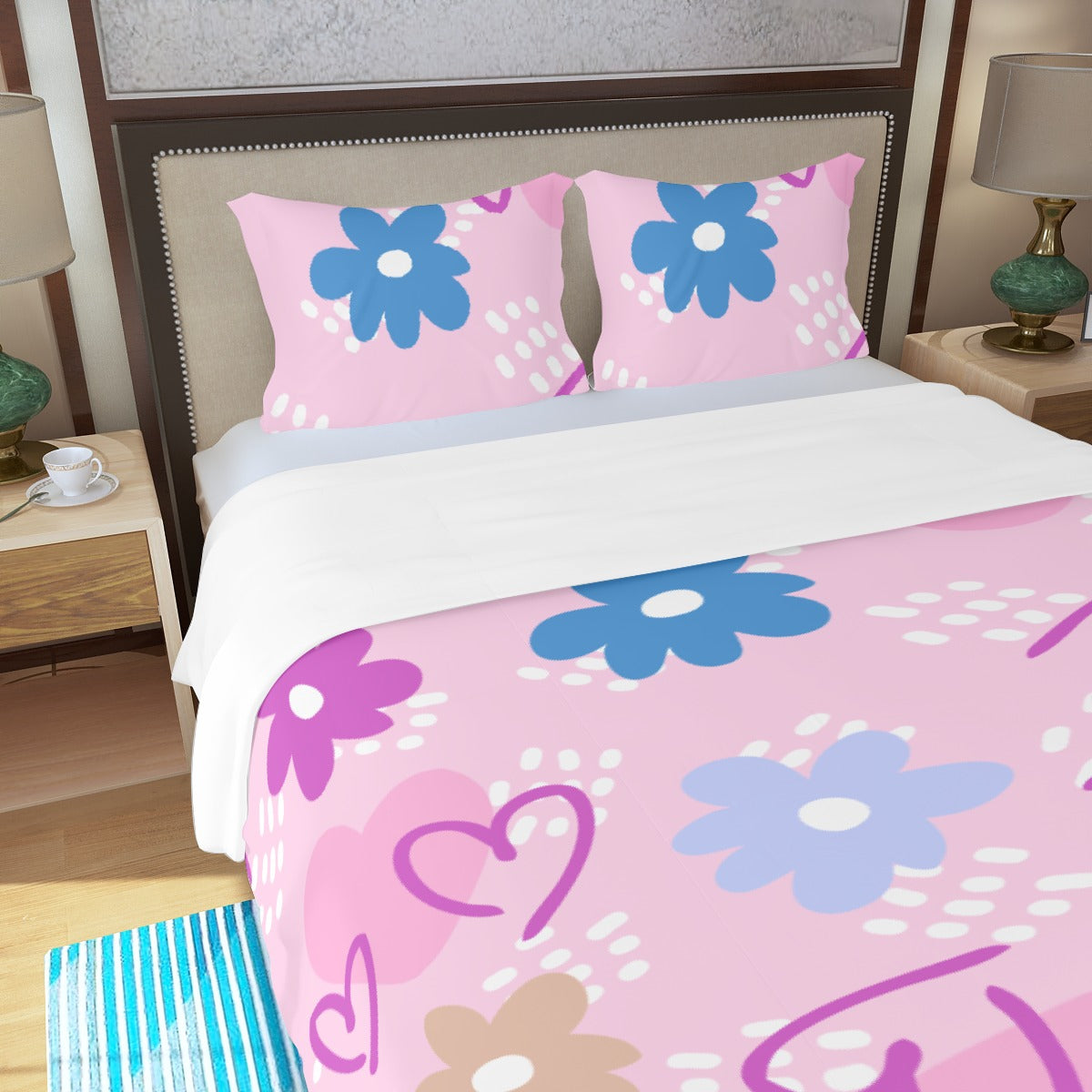 Three Piece Duvet Bedding Set Pink hearts and Flowers