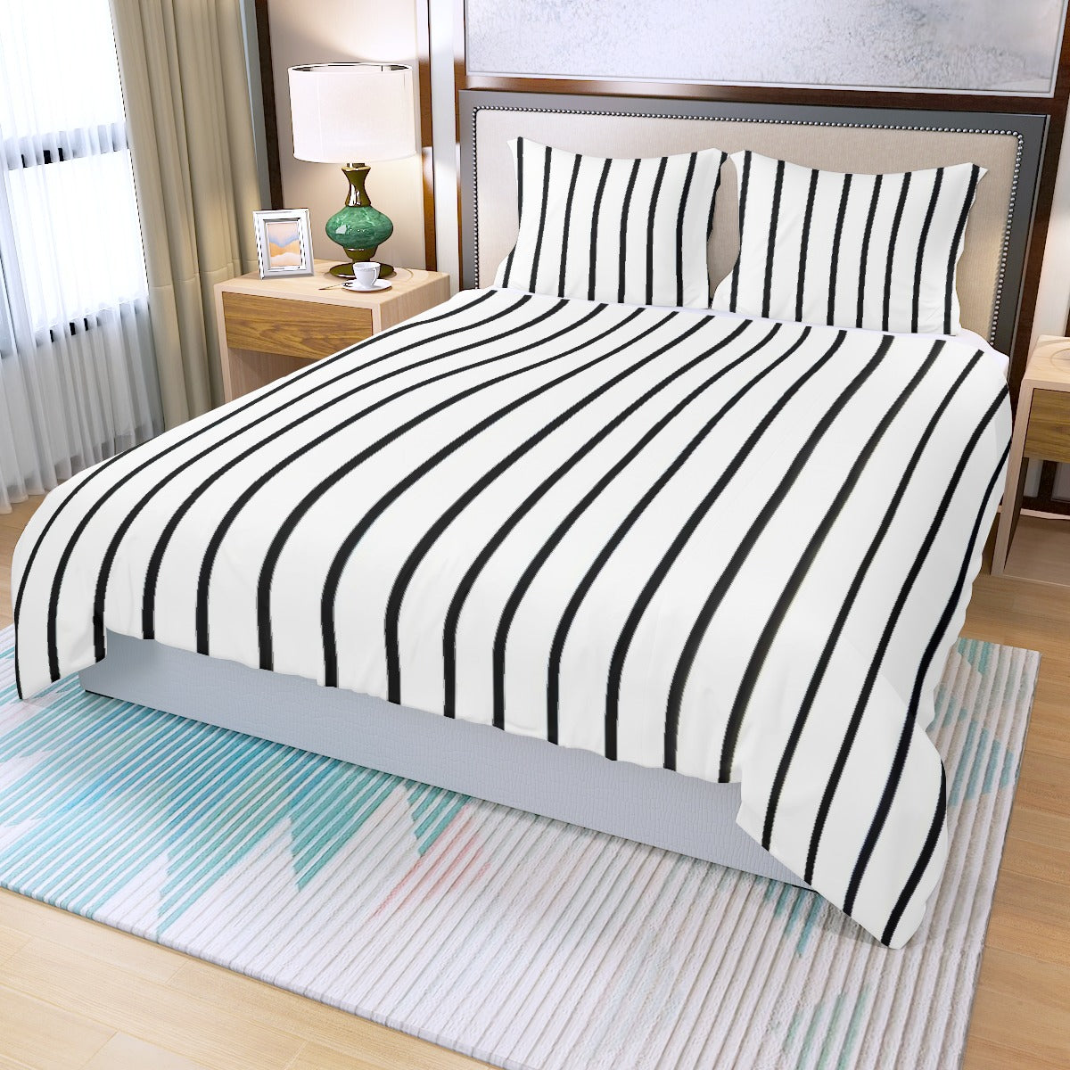 Three Piece Duvet Bedding Set White and Black Lines