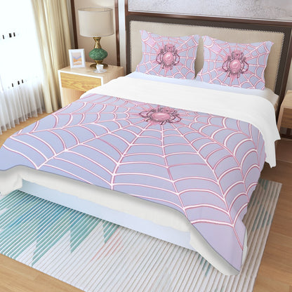 Three Piece Duvet Bedding Set Pink Spider