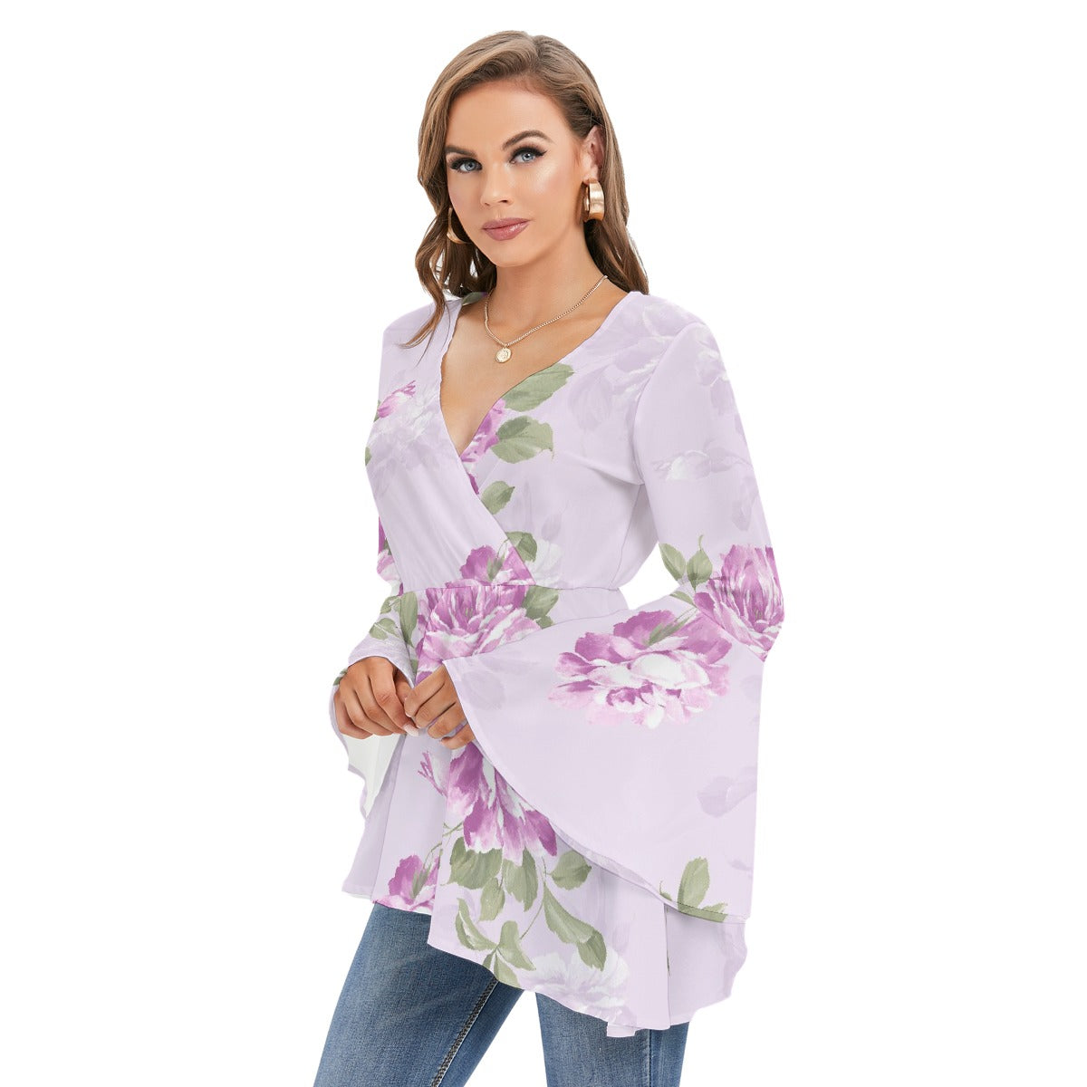 Women's V-neck Blouse With Flared Sleeves